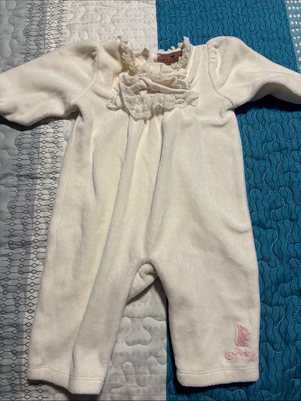 Juicy Couture Cream Lace-Trim Plush Girls One-Piece